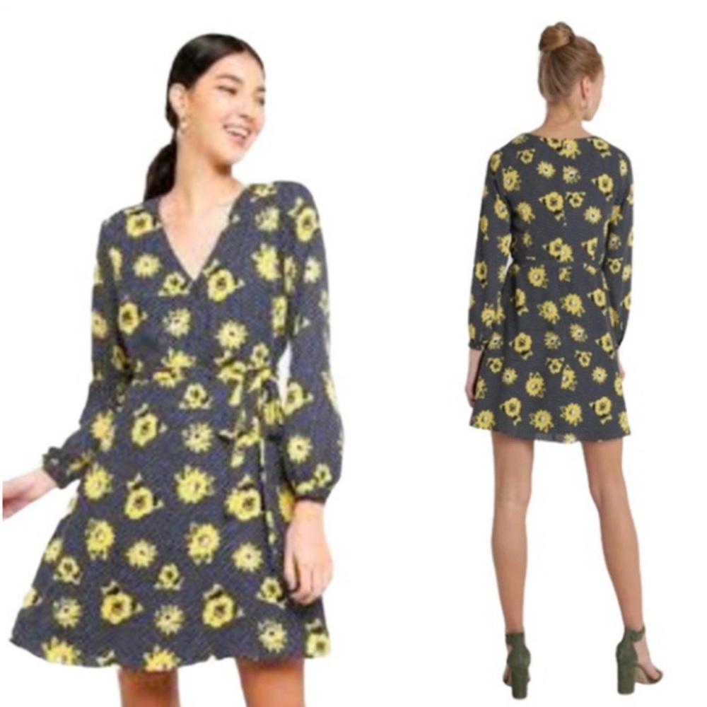 Banana Republic Navy Blue Yellow Polka Dot Floral Faux Wrap Dress Size 2 Modest